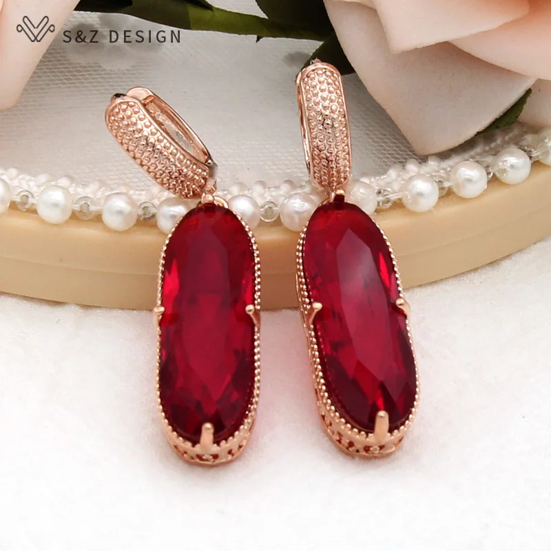 S&Z DESIGN Vintage Large Egg Shape Oval Crystal Dangle Earrings For Women Wedding 585 Rose Gold Color Jewelry