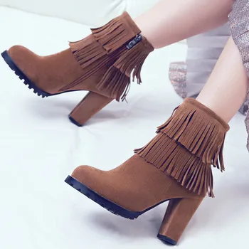 

For Dropship Wholesale Price High Heels Plus Size 48 Vintage Fringes Shoes Women Tassels Boots Female Booties