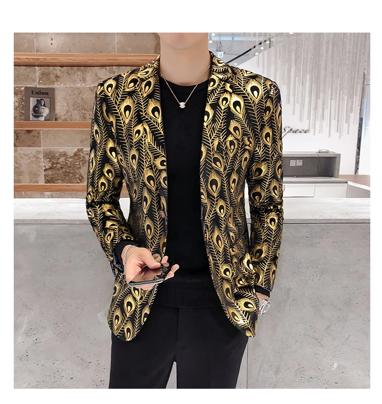 Блейзеры Britse Stijl Fluwelen Chaqueta Elegante Hombre God Gedrukt приталенный Блейзер мужские вечерние Kleding Jurk Zanger Heren Jassen