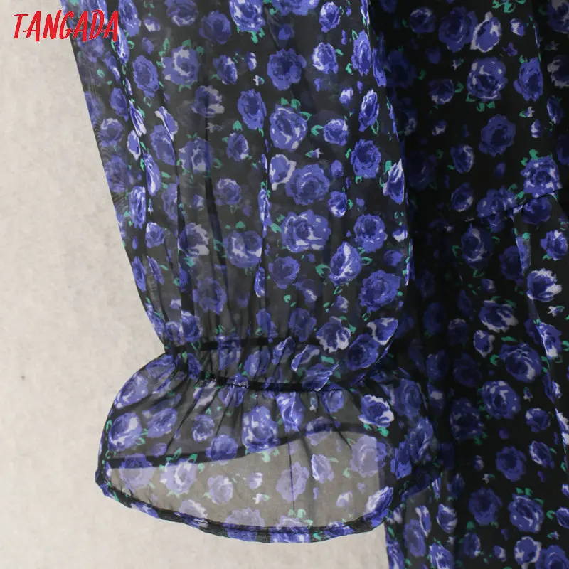 Tangada, модное женское синее платье-рубашка с оборками и цветочным принтом, отложной воротник, Сетчатое лоскутное винтажное платье с длинным рукавом, Vestidos 2XN166