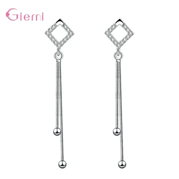 

Original 925 Sterling Silver Jewelry Tiny Zircon Paved Simple Square Small Beads Long Drop Earrings For Women Girls Daily Party