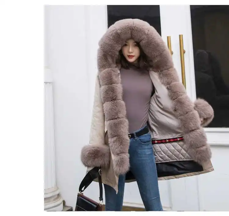 khaki 04 Парка натуральный мех для женщин парка с натуральным мехом кролика подкладка шуба из натурального Лисьего меха женские шубы натуральный мех Новое поступление - Цвет: khaki 04