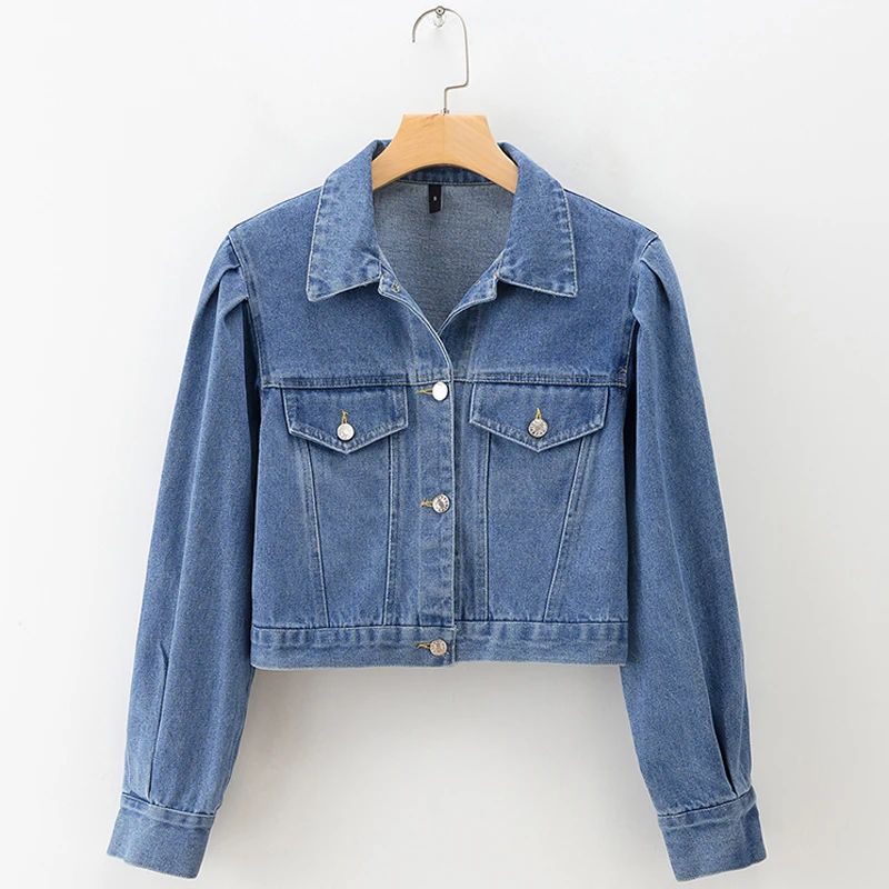 

RR Turn Down Collar Denim Jackets Women Fashion Short Coats Women Elegant Buttons Lantern Sleeve Jackets Female Ladies IR