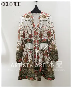 

Autumn Vintage Linen Printed Women Dress 2020 Runway Designers Bohemian V-neck Lantern Sleeve Mini Dress With Sashes