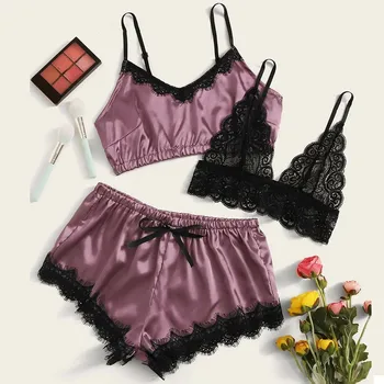 

3pc Women Lace Bra Stain Silk Camisole Pajamas Set Sleepwear Shorts Lingerie Set Sexy Lace Top And Shorts Pyjamas Home Clothes#3