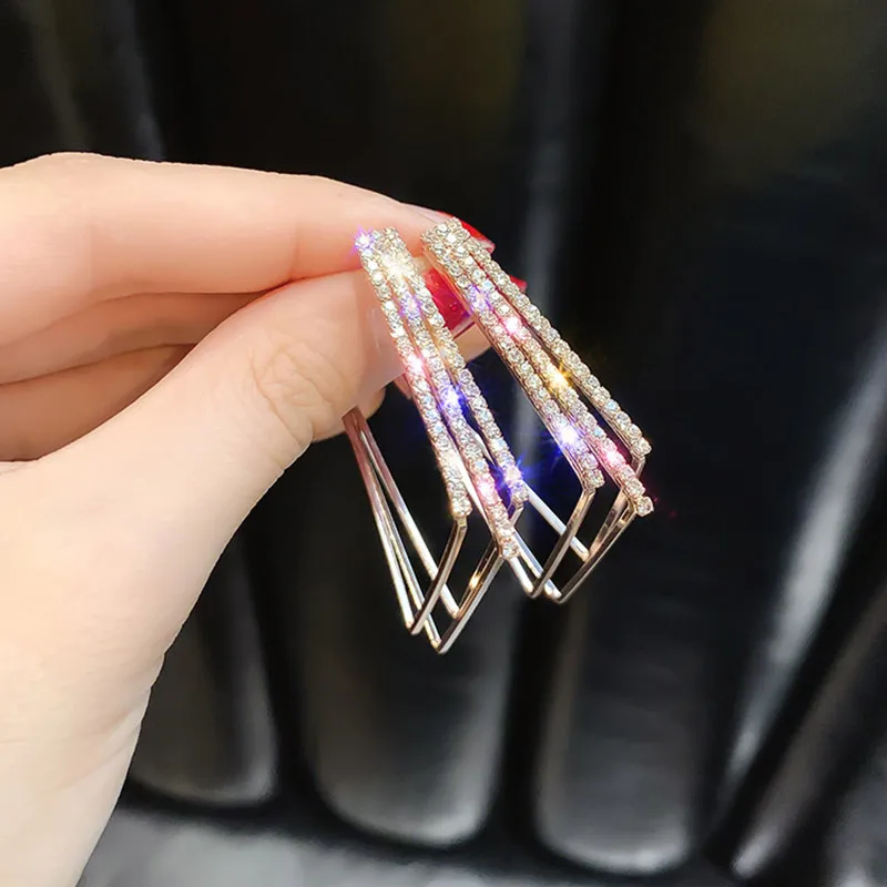 

USTAR Crystals Square Hoop Earrings for Women Modern Fashion Jewelry Earrings female Gold color Geometric hanging oorbellen gift