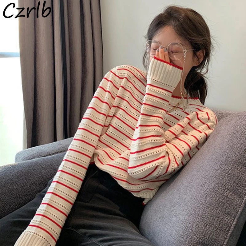 Striped Sweaters Women Fall Japanese Style Sweet Hollow Out Teenagers