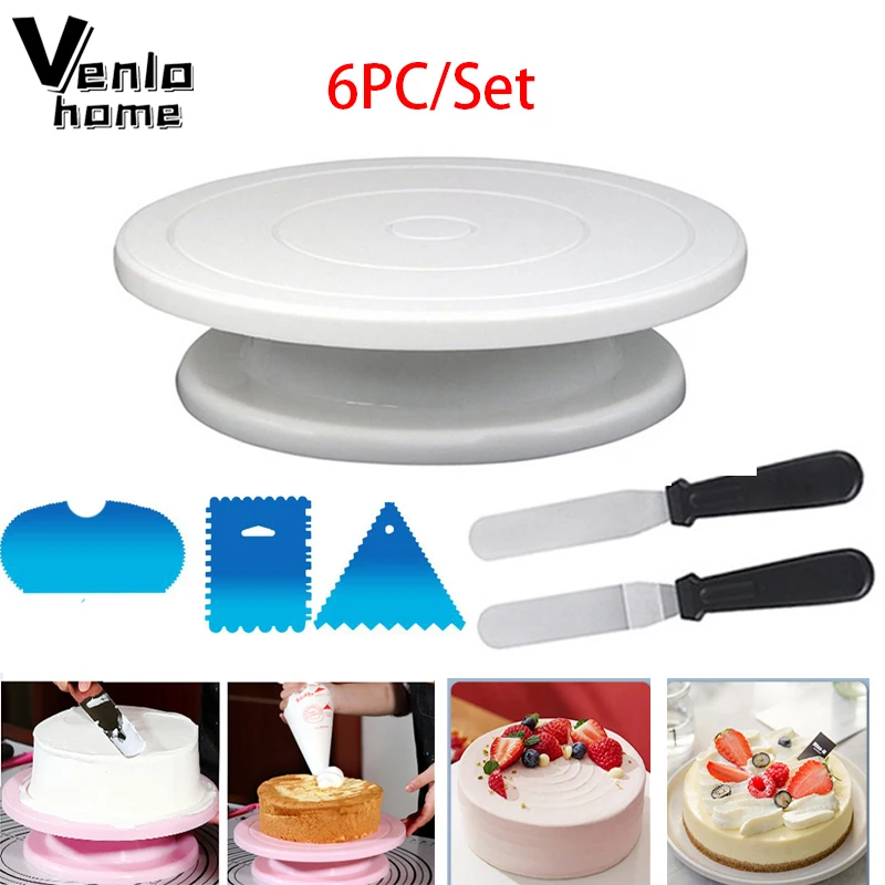 1-6Pcs Plastic Cake Plate Turntable Aluminum Spatula Cream Scraper ...