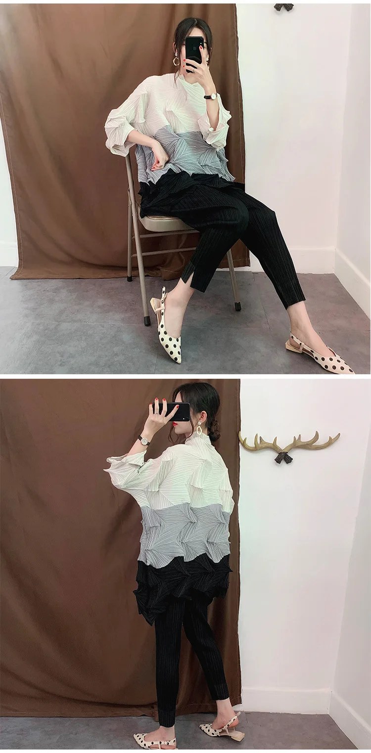 Женские топы больших размеров,, Осенние, новые, эластичные, Miyake, плиссированные, со стразами, в стиле пэчворк, воротник-стойка, Свободные повседневные футболки