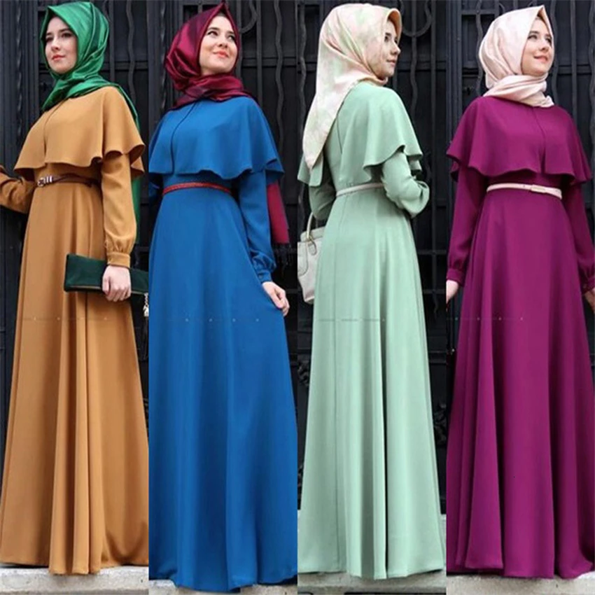Woman Dubai Arabic Turkish Muslim Elegant Abaya Islamic Ruffle Long Sleeve Elbise Women Ramadan Kaftan Maxi Dress with Belt |