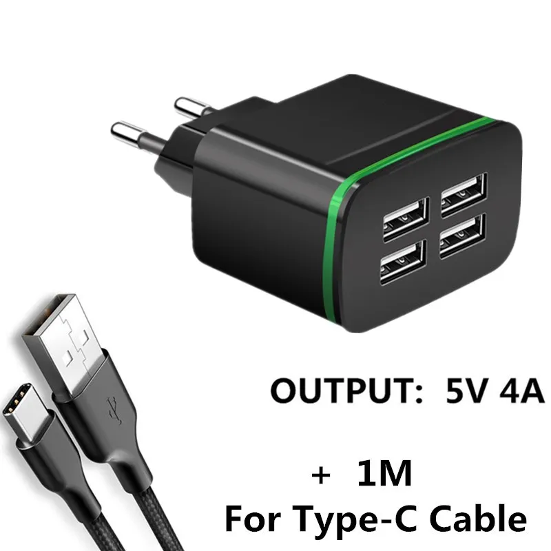 Charger Type C Cable Хорошее 5 в 4 а универсальное 4 порта USB зарядное устройство с европейской вилкой для samsung iPhone iPad Xiaomi huawei планшетов дорожное настенное зарядное устройство адаптер питания - Тип штекера: Charger Type C Cable