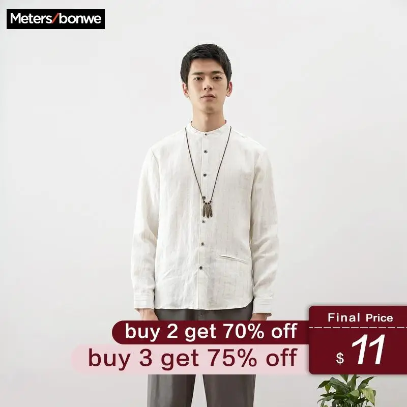 

Metersbonwe Brand Men New Casual Shirts Spring Autumn Male Wild Long Sleeve flax shirts trend stripe Male youth tops