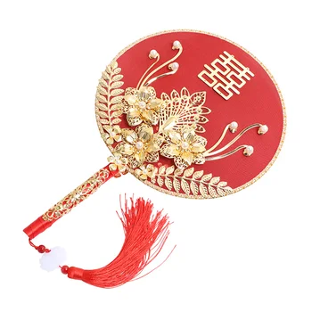 

Round Chinese Fan Chinese Hand Fan Vintage Red Fan with Tassel for Wedding Bride Party Decoration _WK
