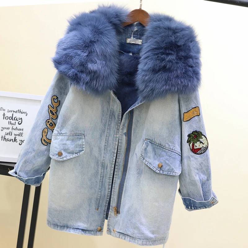 Vefadisa, зимняя джинсовая куртка с меховым воротником, плотное джинсовое пальто с принтом, Свободное пальто с завязками на талии, женское повседневное пальто, QYF827 - Цвет: Navy Blue4