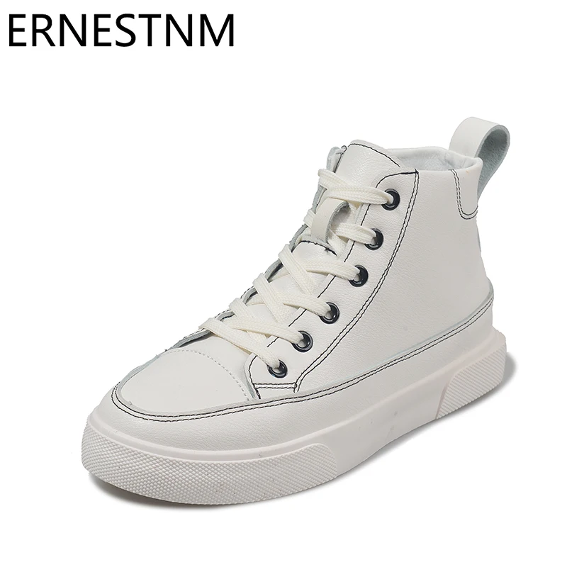 

ERNESTNM High Top Sneakers Womens Shoes 2019 Fashion White Chunky Vulcanize Flat Shoe Lace Up PU Woman Shoes Zapatos De Mujer