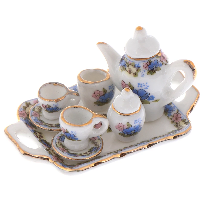 Новые 8 шт./компл. кукольный домик миниатюра столовая посуда фарфор Чай набор посуды чашка тарелка-белого и фиолетового цвета с цветочным узором
