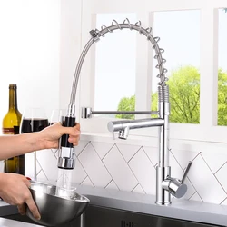 Brushed Nickel Spring Pull Down Kitchen Sink Faucet Hot & Cold Water Mixer Faucets Double Outlet Deck Mounted 360 Swivel Handle