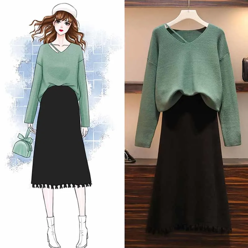 

Plus Size 5XL Women Knitted Two Piece SetS Casual Autumn Solid Loose Pullover Sweater Tops+Hight Waist Tassel Skirt Tracksuits
