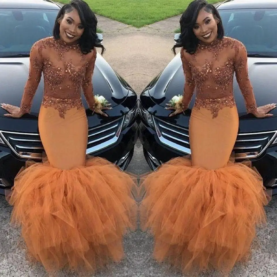 

Glamorous Prom Dresses Mermaid evening gown robe de soiree abiye Sexy Illusion Lace Formal Evening Dress Applique Long Sleeves