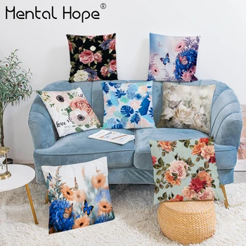

Flower Printed Soft Cushion Cover Plant Pattern Plush Throw Pillow Cover Home Decor Living Room Decorative White Pillowcase
