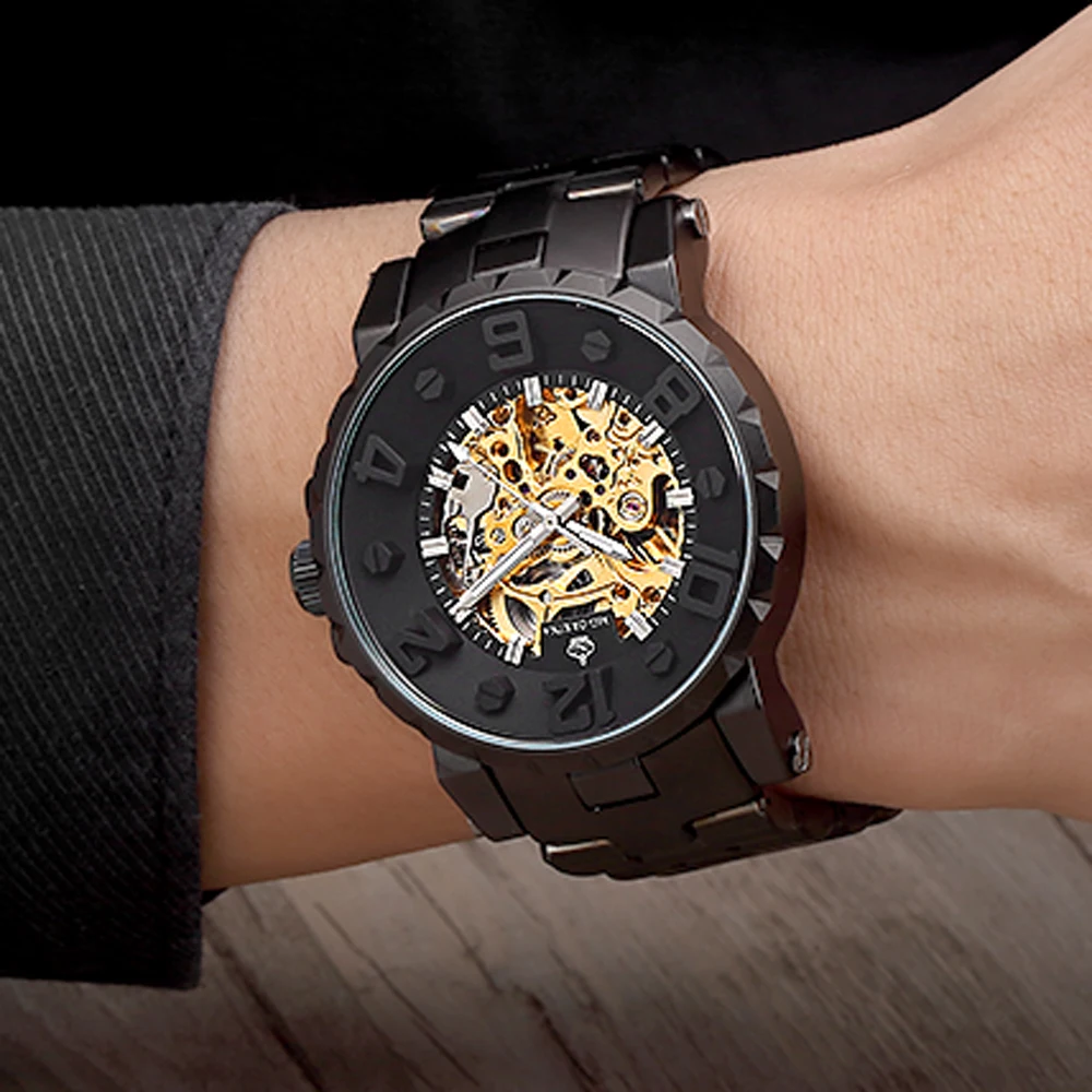 ORKINA Brand Automatic Mechanical Watches Men Luxury Gold Skeleton Black Stainless Steel Men's Automatic Self-Wind Wristwatches