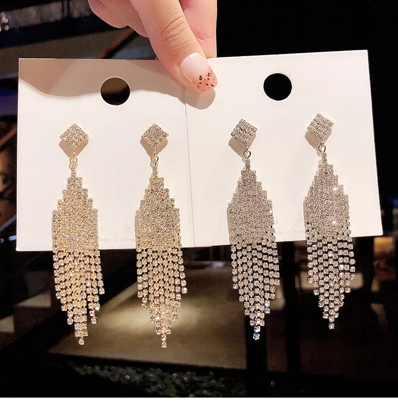 

S925 silver needle cold wind earring femininity long fringe full jewel drop exaggerated earring personality fashionable ear stud