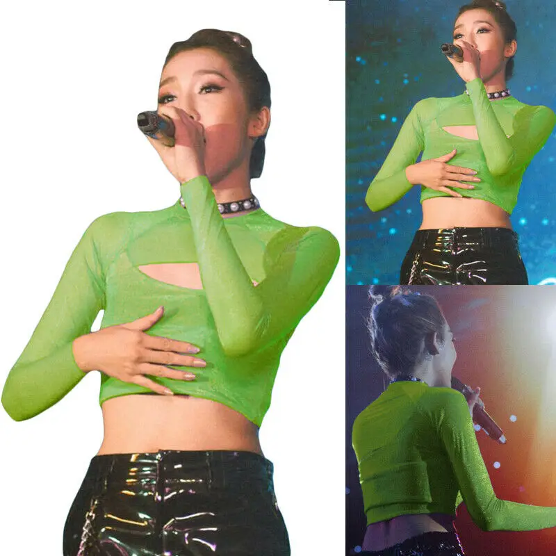 

Women Autumn New Mock Neck front Keyhole Long Sleeves Mesh Sheer Crop Top Sexy Two-piece Short T-Shirt Trendy Green Streetweer