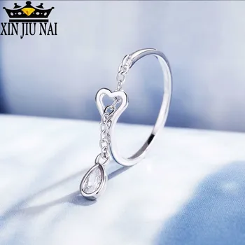 

Elegant with chain Creative 925 Pure Silver Unique Love Heart Rhinestones Water Drop Open Rings For Women Lady Anillos Mujer