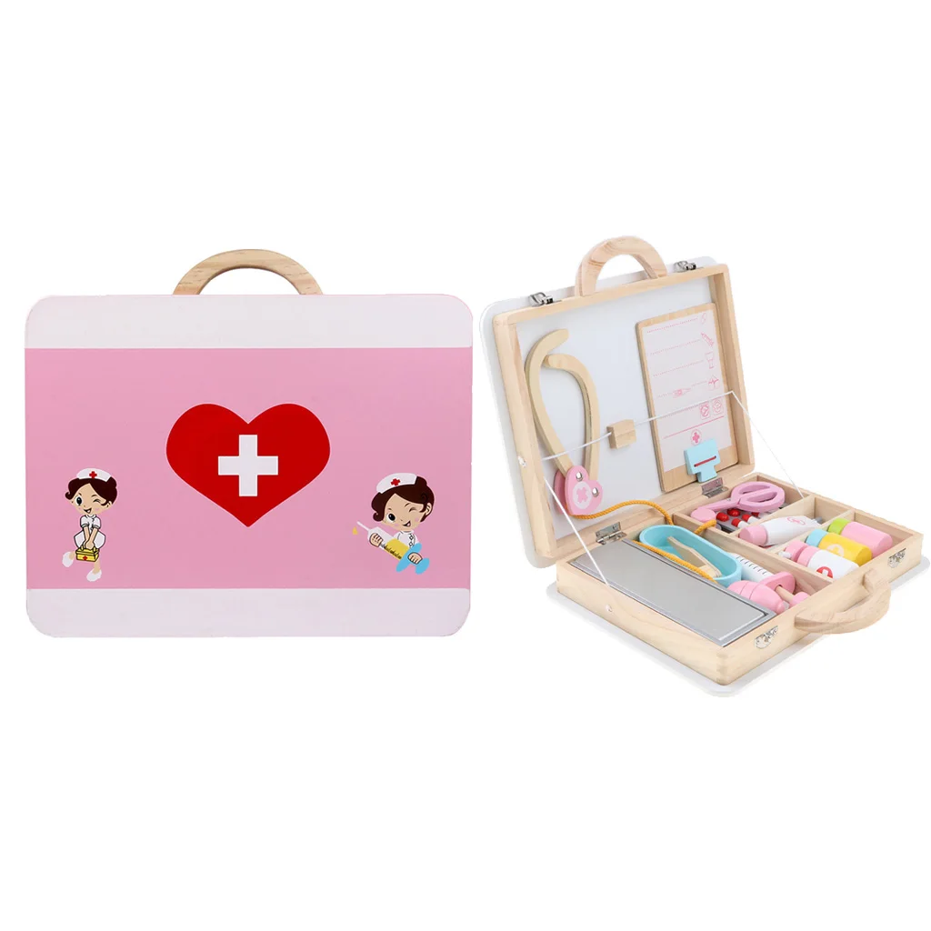 

15 Pieces Wooden Doctor Nurse Box Carry Case Children Role Playing Set Kids Educational Toy Play Activity