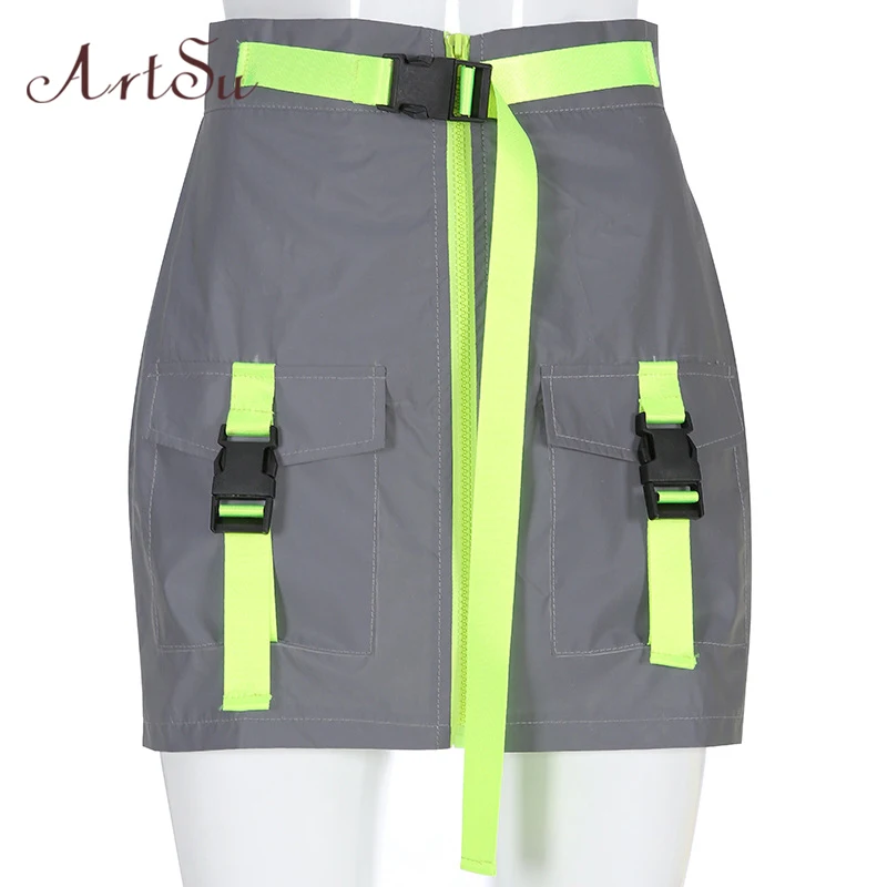 Skirt ArtSu уличная Женская Сексуальная Светоотражающая Топ V ошейник короткий летний топ клубный Топ Harajuku летний неоновый комплект из двух предметов ASVE20517 - Цвет: Skirt
