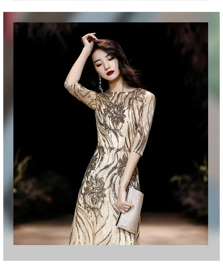 gold evening gowns wei yin AE0350 Half Sleeve Mermaid Lace Gold Champagne 2020 Evening Dress Sexy O Neck Evening Gowns Robe de Soiree Longue formal gowns for women