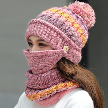 pink HT2638 Женская осенне-зимняя шапка, шарф, толстая теплая вязаная шапка, шарф-маска, комплект из 3 предметов, Женская ветрозащитная шапка, шарф, набор Балаклава, шапка - Цвет: pink
