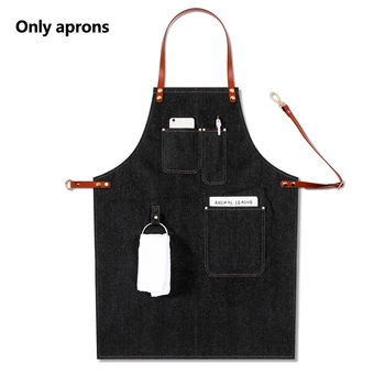 

Baker Barista Chef Removable Bartender Work Casual Adjustable Multi Pocket Bib Apron Uniform Leather Strap BBQ Denim