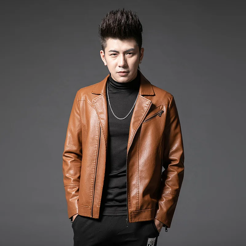 

2019 Spring And Autumn Youth MEN'S Leather Coat Casual Coat Men's Fold-down Collar PU Leather Jacket Slim Fit Handsome Trend Top