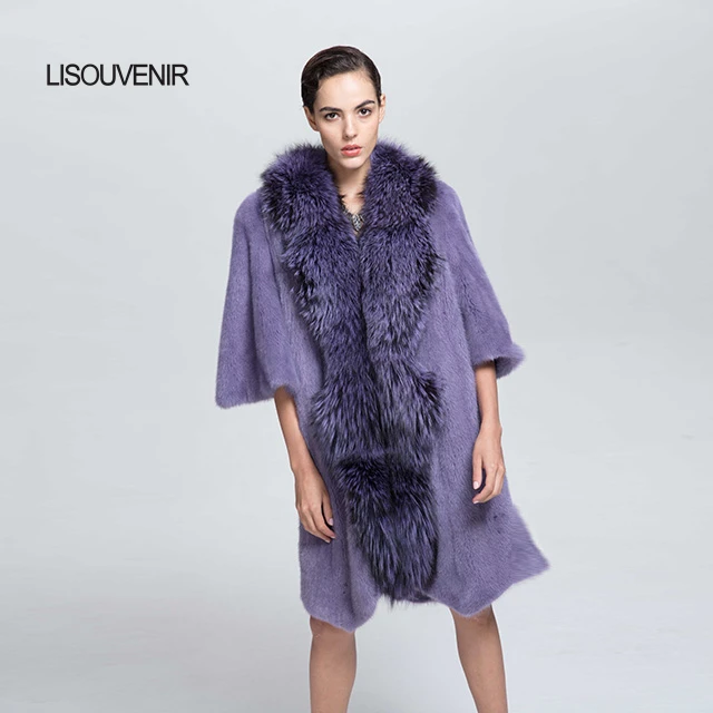 Lisouvenir новая зимняя коллекция модный дизайн длинная фиолетовая шуба из натурального меха норки с воротником из натурального меха лисы натуральная норковая куртка