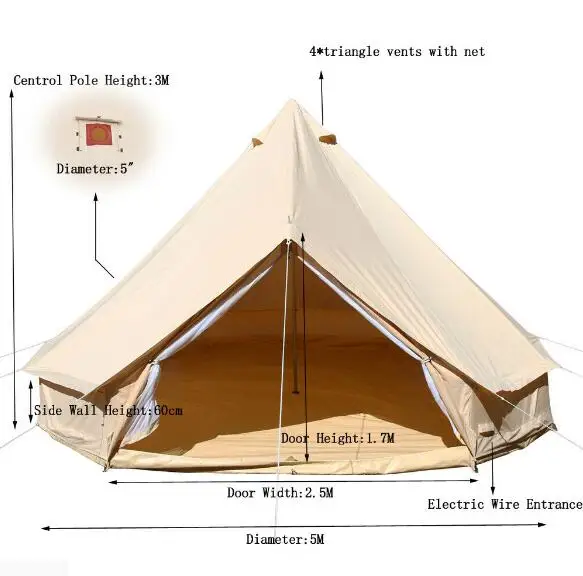 5 м роскошный Glamping хлопок холст колокольчик палатка открытый Glamping Палатка