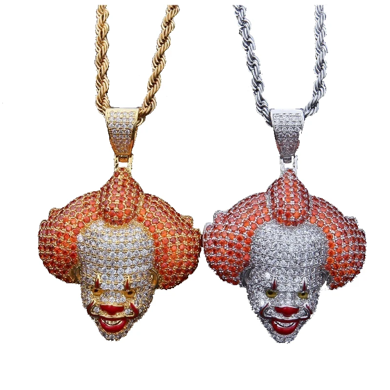 Hip-Hop Circus Clown Doll Mask Pendant Necklace Set for Zircon Men's Fashion Chain Paired pendants Cute jewelry 2021 gifts | Украшения