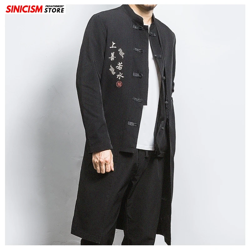 Sinicism Store, мужской свободный длинный Тренч с вышивкой, Мужской плащ в китайском стиле с пряжкой, теплый длинный Тренч,, мужское осеннее пальто, 5XL
