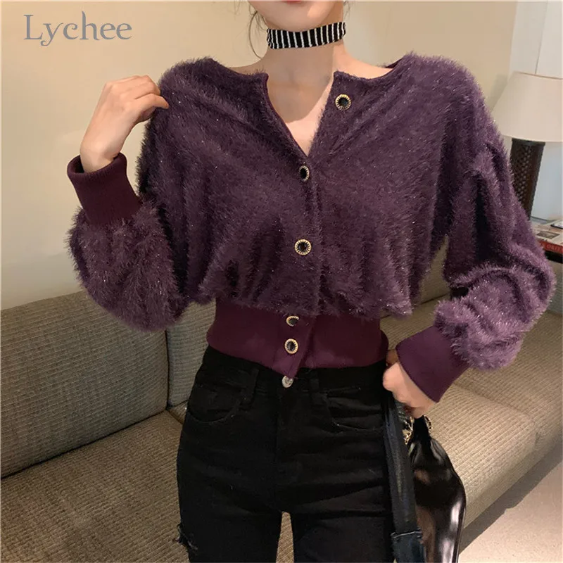 Lychee Harajuku, сплошной цвет, Fluzzy, женское Укороченное пальто, модная кнопка, женские укороченные куртки, верхняя одежда, повседневные теплые зимние женские пальто, топы