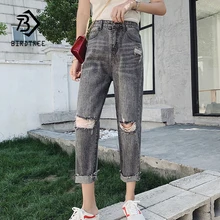 Новинка, женские винтажные джинсы с высокой талией, свободные джинсы для мам, рваные джинсы с дырками, прямые штаны размера плюс, брюки, Vaqueros Mujer B9D7