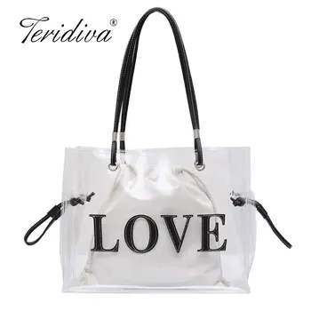 

2020 Ladies Totes Fashion PVC Shoulder Bags for Woman Transparent Handbag Big Capacity Love Letter Female Large Casual Hand Bag