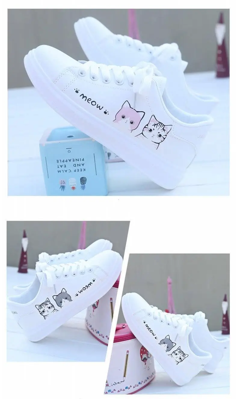 Г. Новая модная весенняя женская обувь на плоской подошве Студенческая обувь с ручной росписью белого кота Лидер продаж
