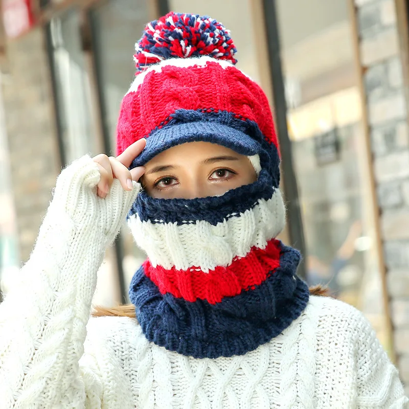 Новые шапочки Skullies женская вязаная шапка женский зимний шарф шапки Pom Poms шапка теплая Балаклава маска многоцветная шапочка