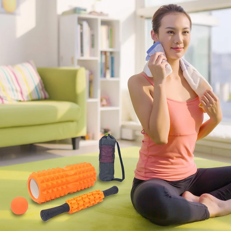 

5set Yoga Column Fitness Equipment Pilates Foam Roller Massager Blocks Train Gym Grid Exercise Ball Spiky Roller for Back Massag