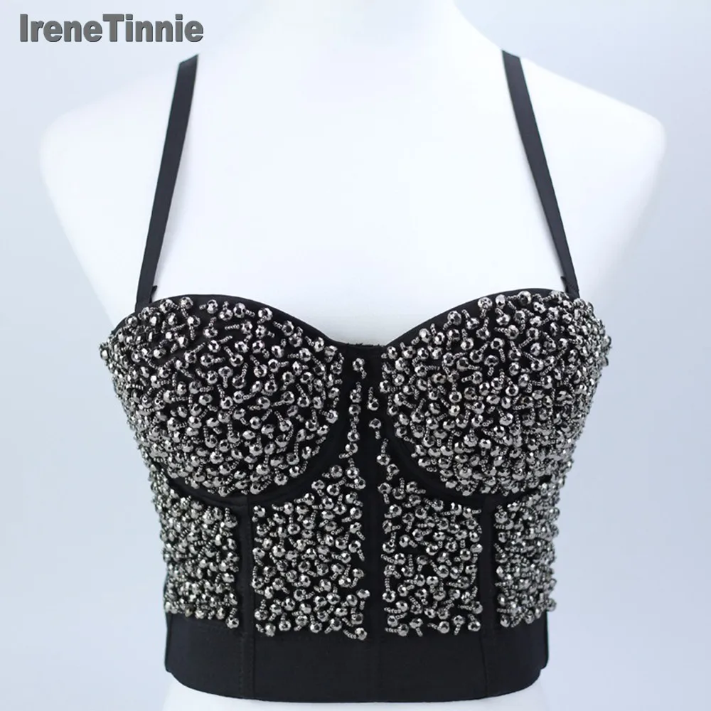IRENETINNIESummer, женская вечерняя блузка, сексуальная, роскошная, с блестками, с бусинами, без рукавов, черная, модная, Клубная, облегающая, Топики, топы
