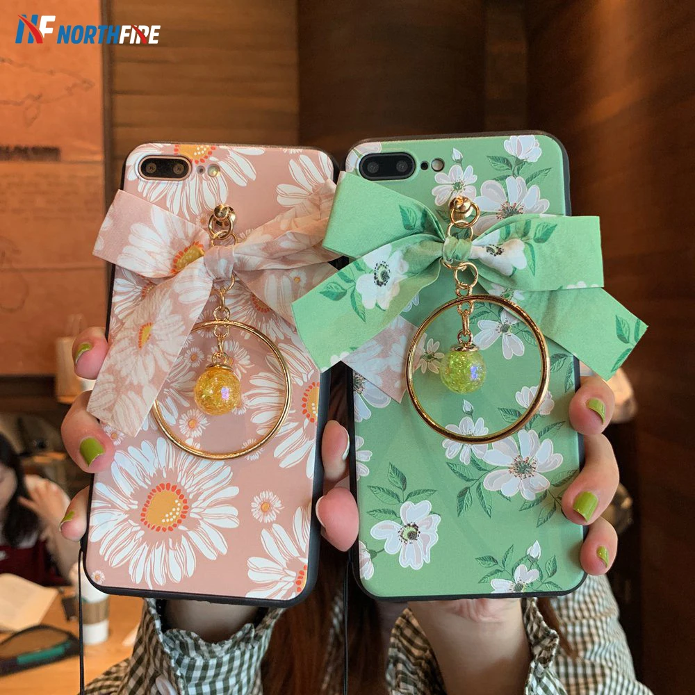 

4PCS/Set Flower Phone Case For iphone 6 6s 8 7 Protective film+Bow Ring+Rope print Case For iphone X XS XR XSMAX Cover Coque