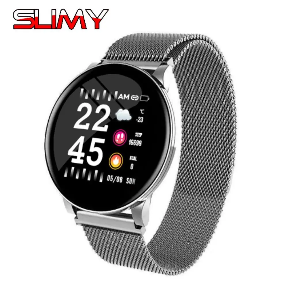 Slimy W8 для женщин и мужчин Смарт-часы водонепроницаемые спортивные для Iphone Android Smartwatch монитор сердечного ритма кровяное давление шагомер PK Q8 - Цвет: Silver Metal Strap