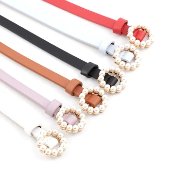 

Fashion Belts For Women Casual Sweet Long Round Pearl Buckle Decorative Thin PU Leather Belt Waistband 106cm