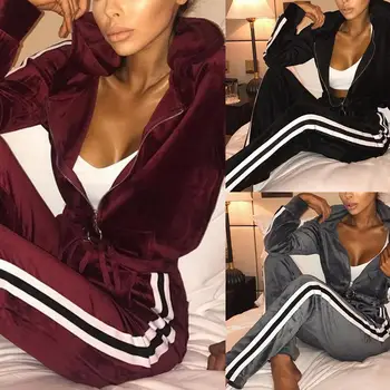 

2Pcs Women Autumn Pleuche Stripe Long Sleeve Zipper Hoodie Jacket Pants Yoga Suit Sports Shirts Crop Top Leggings Sport Set Gym