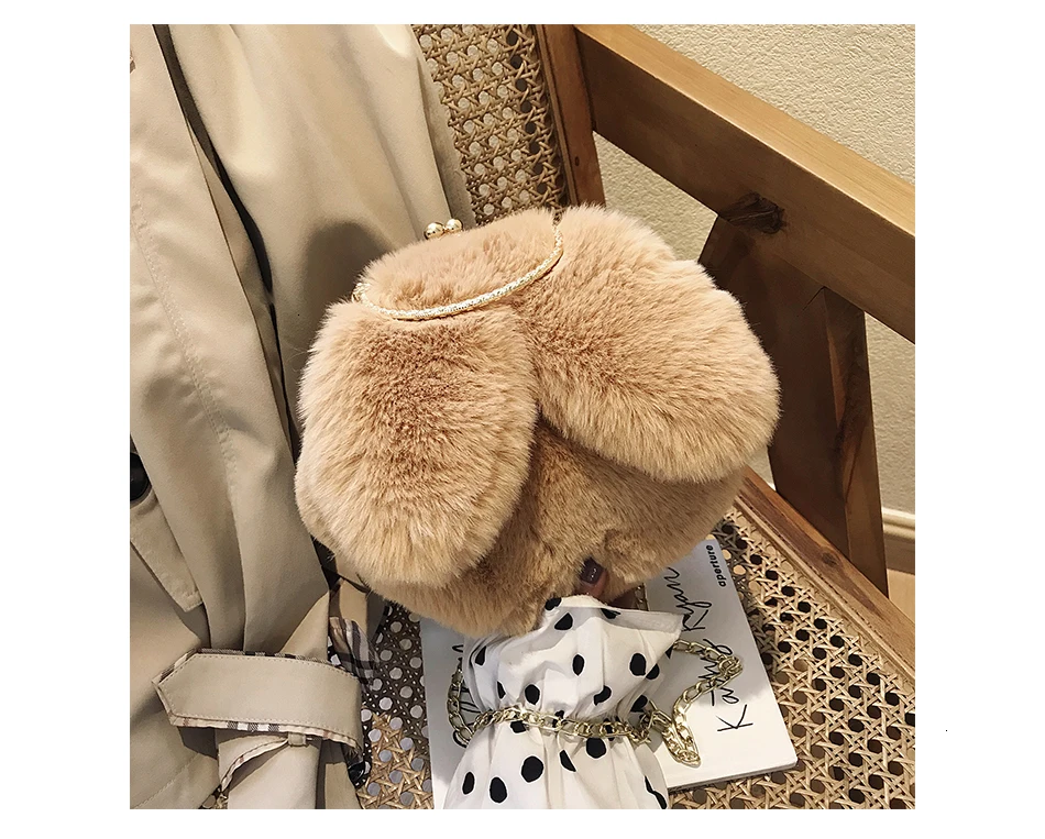 Kawaii Women Round Bag Faxu Fur Rabbit Ears Plush Women's Circular Crossbody Shoulder Bags Ladies Purse Female Chain Bag Handbag